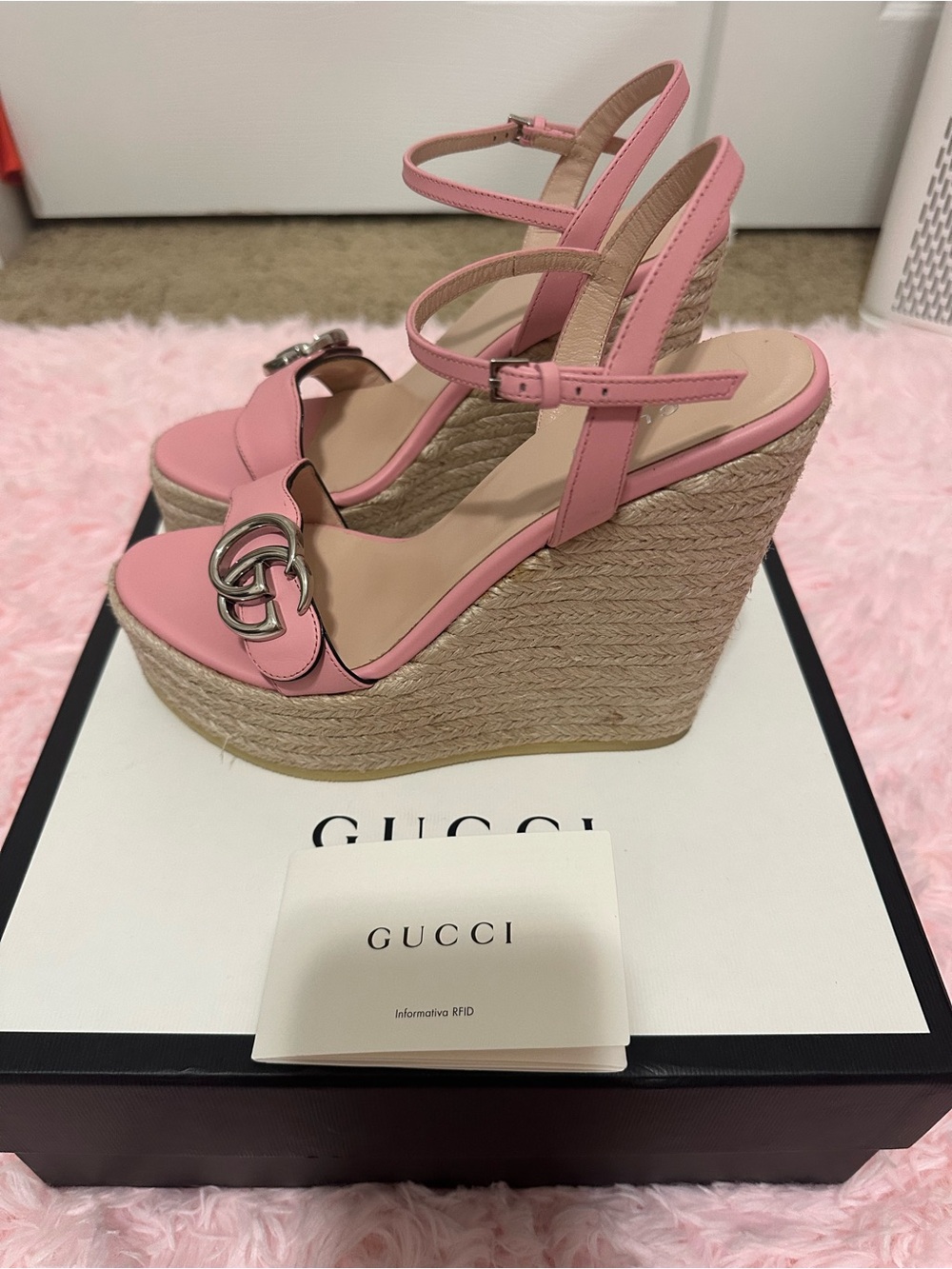 Gucci Pink Leather Platform Espadrille Heels with Double G - Picture 2 of 7